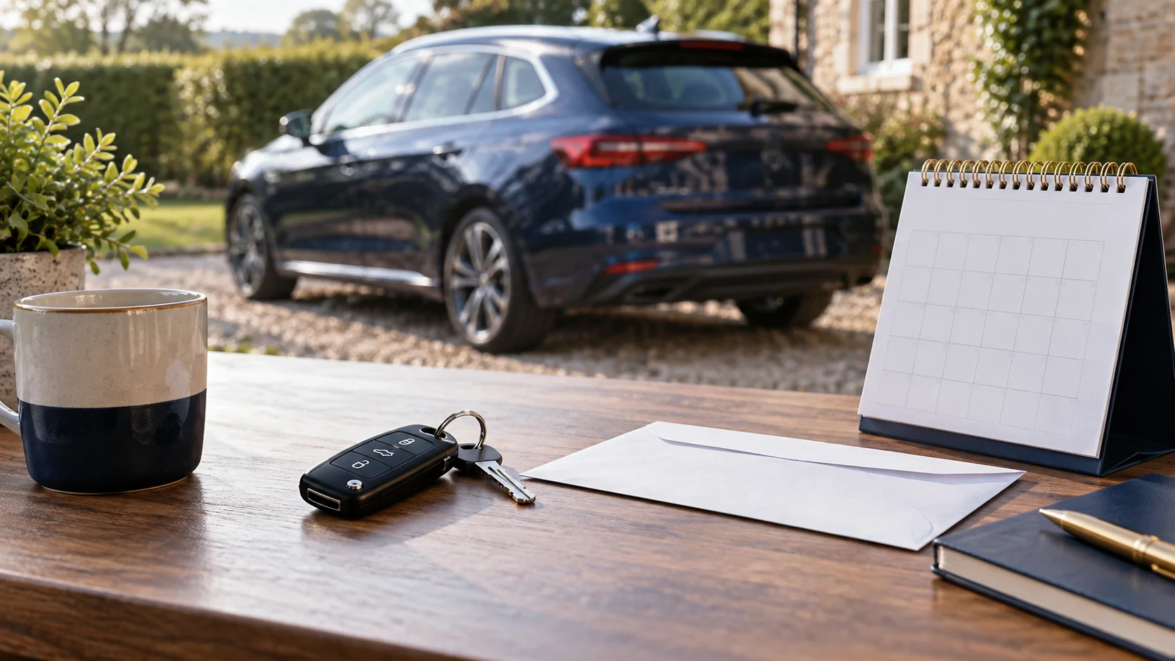 Car keys and a plain refund envelope beside a parked vehicle