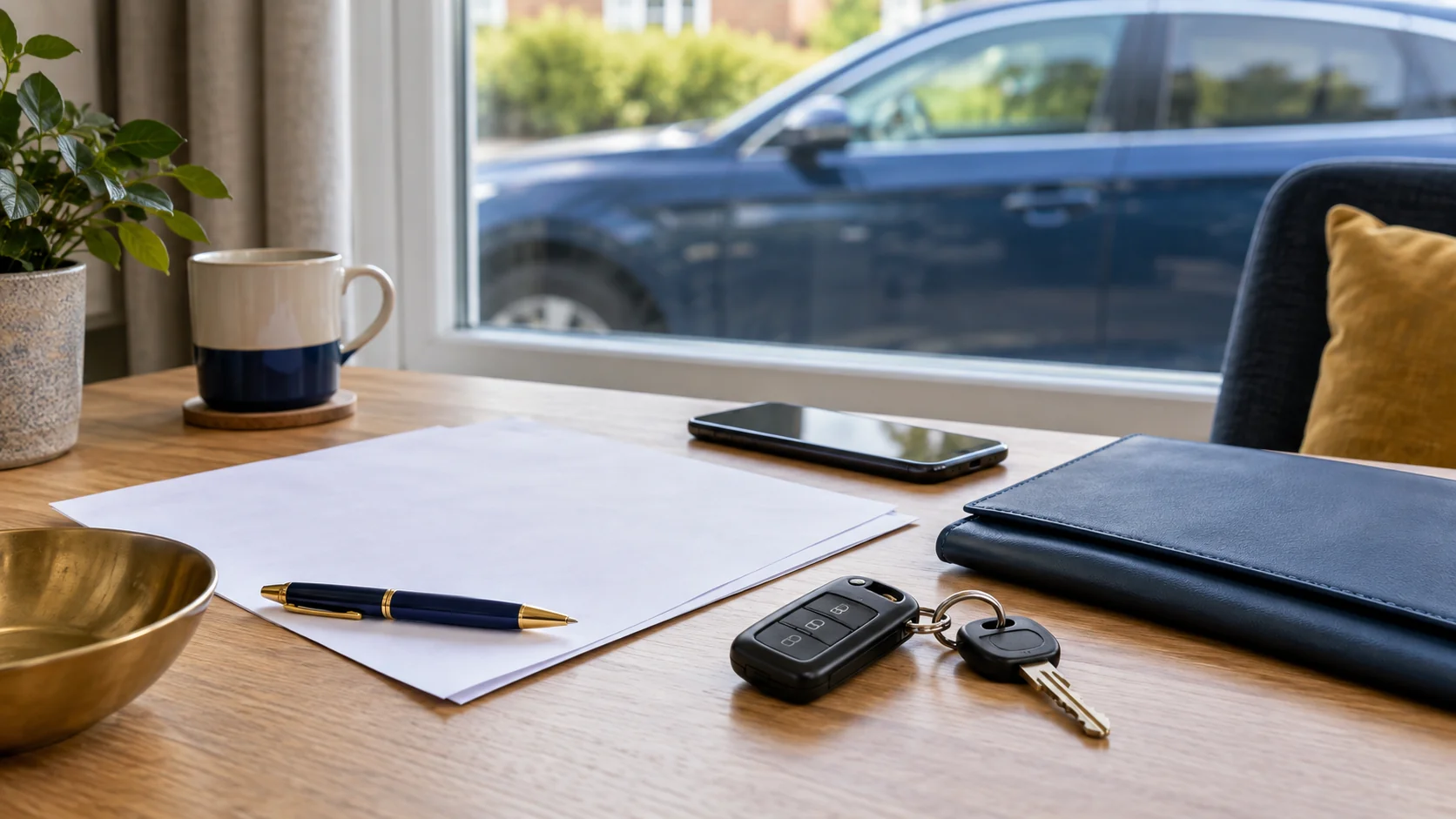 Car keys and blank paperwork arranged for a vehicle-tax checklist