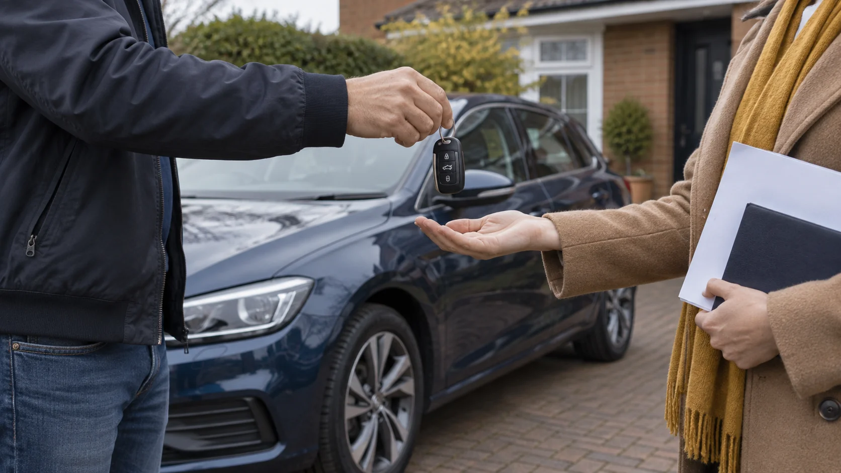 New vehicle owner receiving car keys beside a parked car