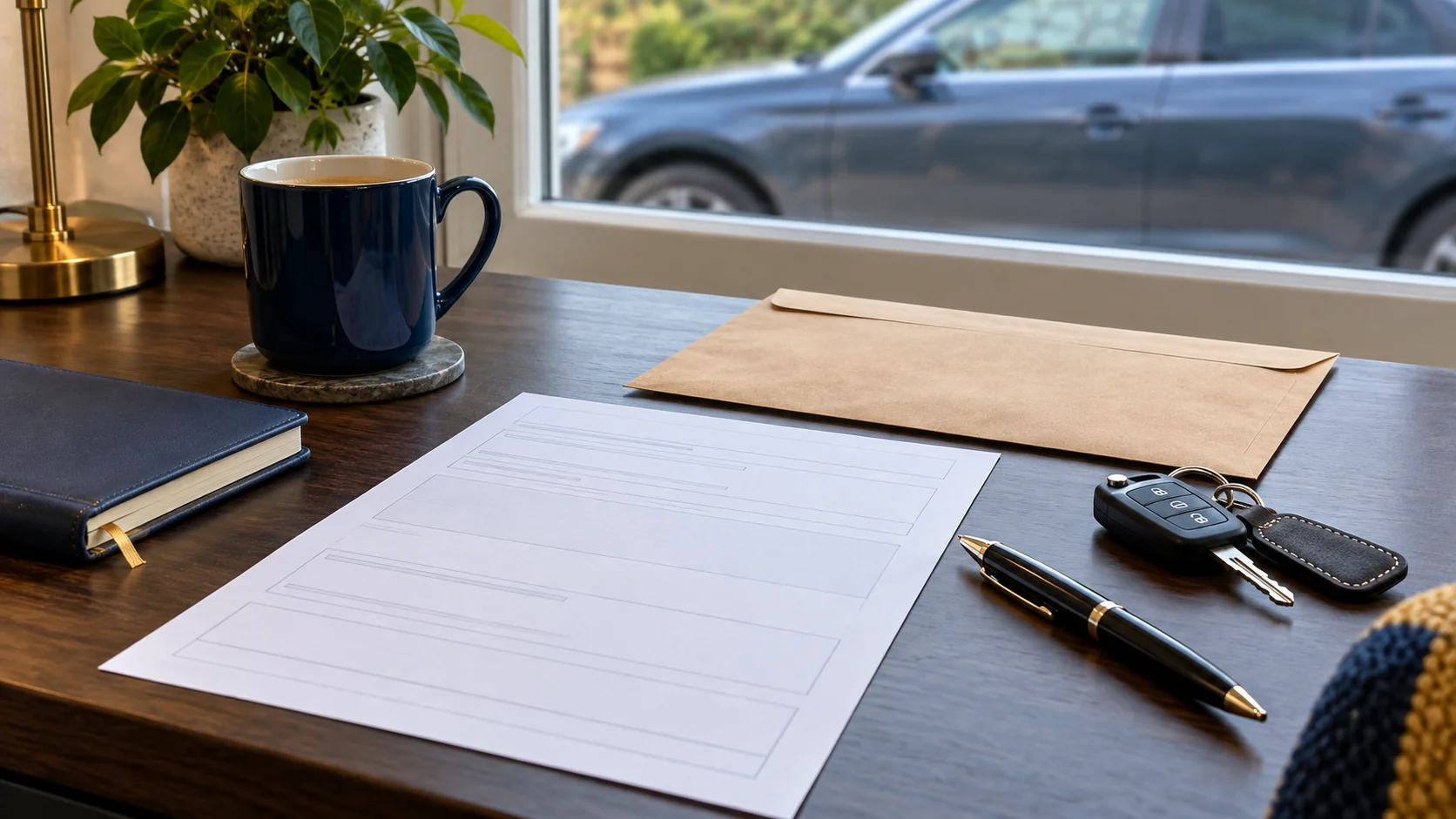 Blank vehicle registration form and envelope beside car keys