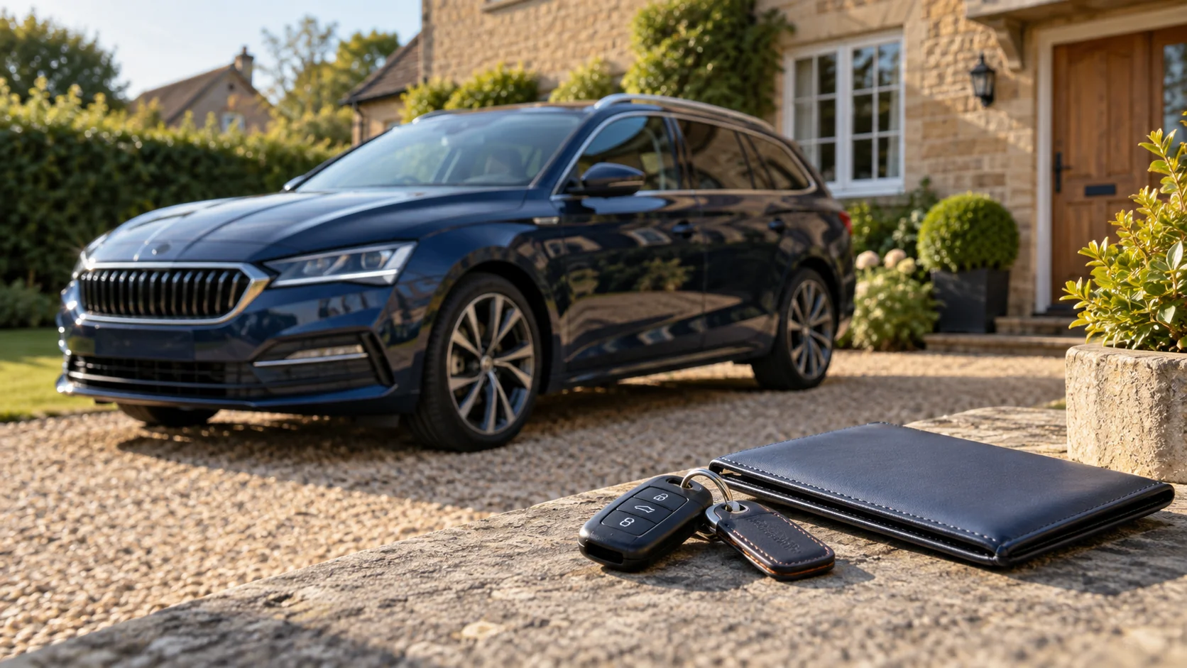 Car keys and a vehicle parked safely on a private driveway