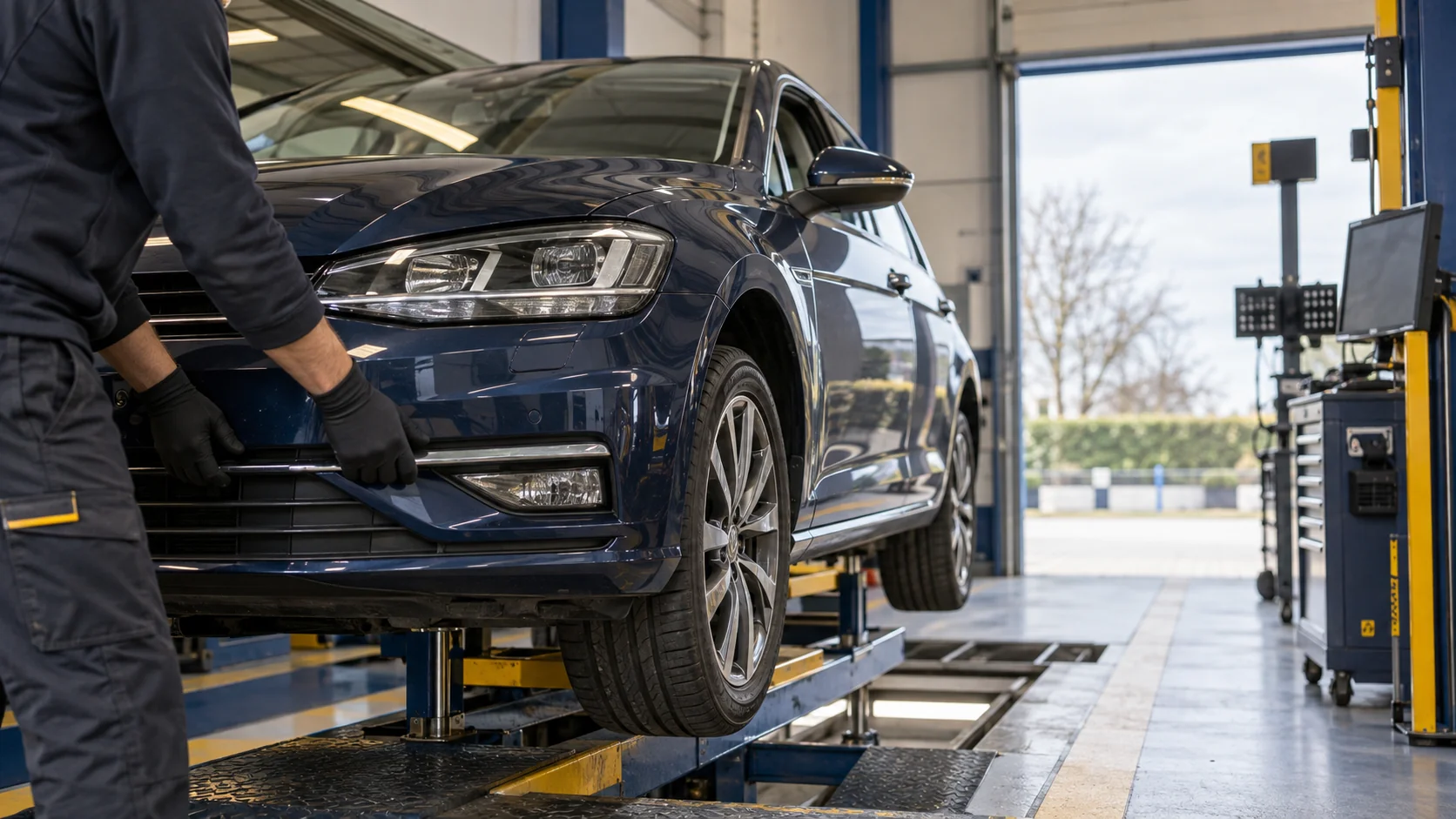 Car being inspected in a clean UK MOT testing bay