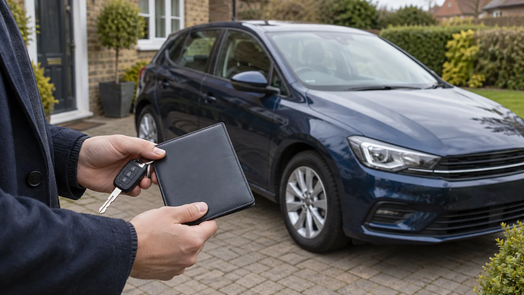 Car keys and a plain document wallet beside a parked car