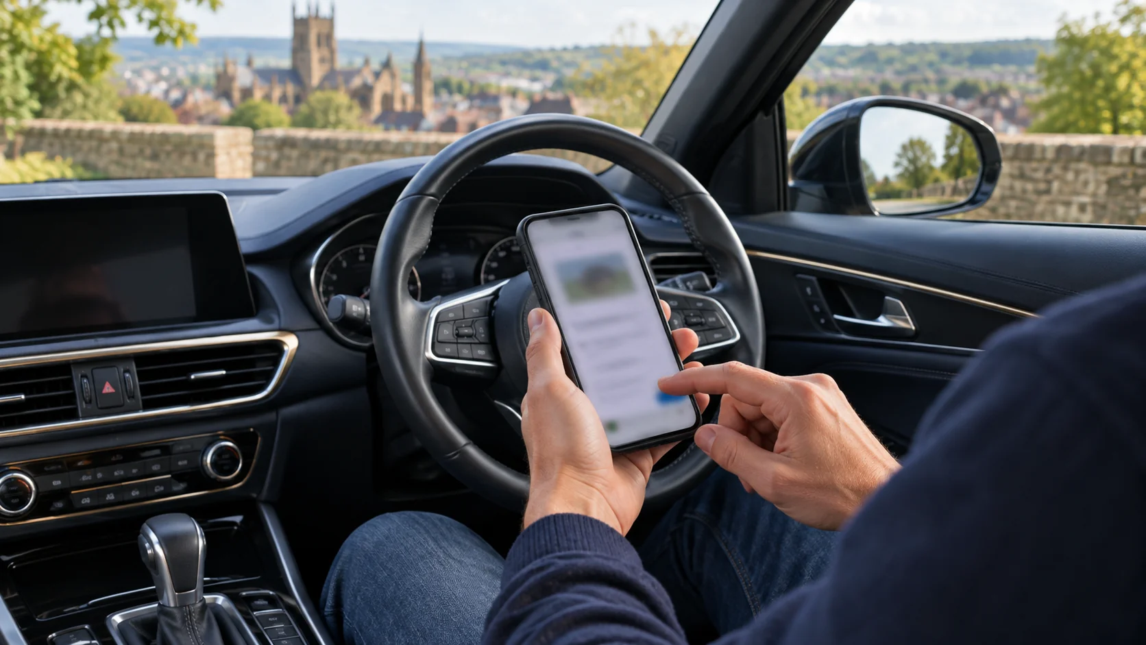 Driver checking vehicle details on a phone beside a parked car