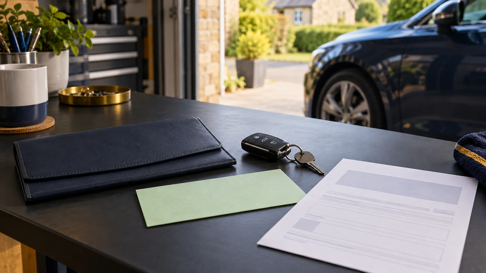 Vehicle documents, car keys and a blank new-keeper card
